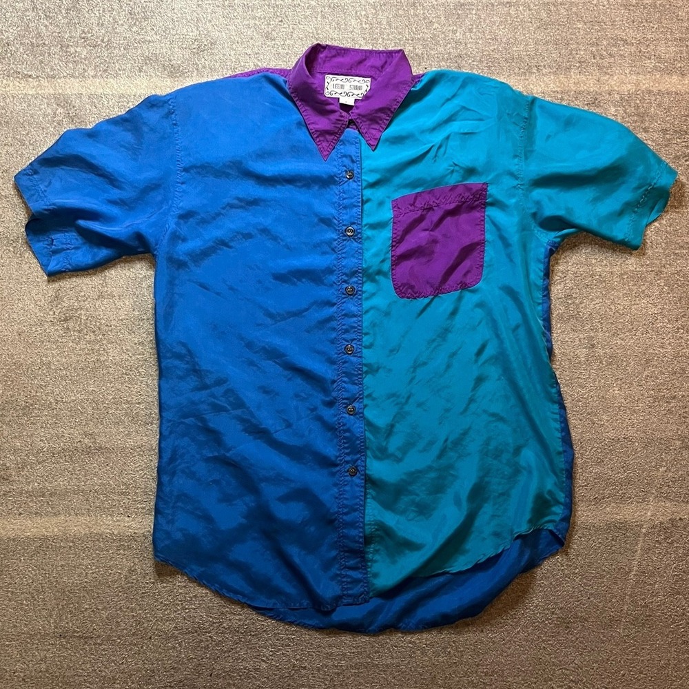 Leena Studio Vintage 100% Silk Colorblock Button Down Shirt Blue Purple Teal M